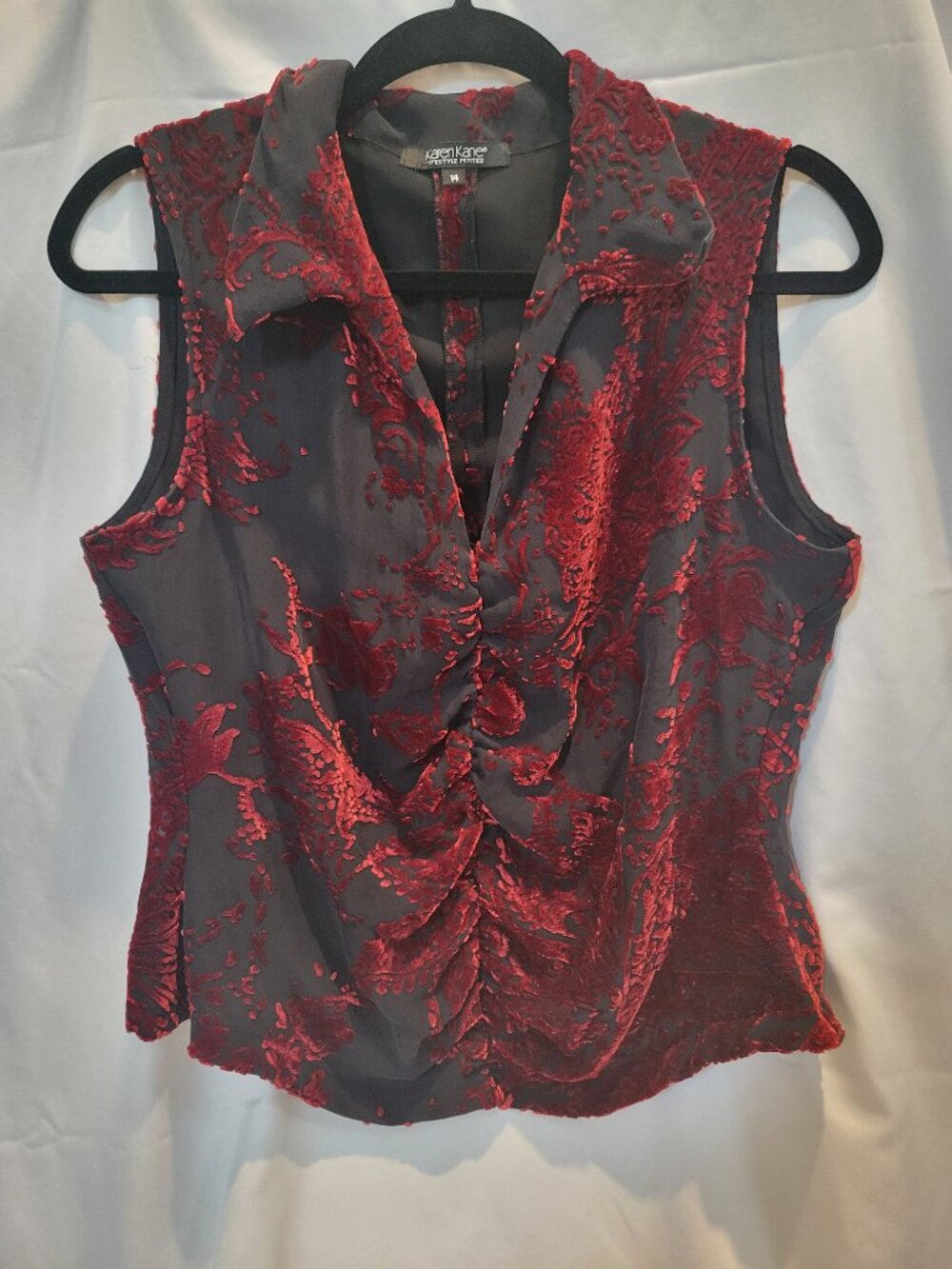 Karen Kane Devore Velvet Burnout Top 14P Red Black Ruched Gothic Blouse Sleevele